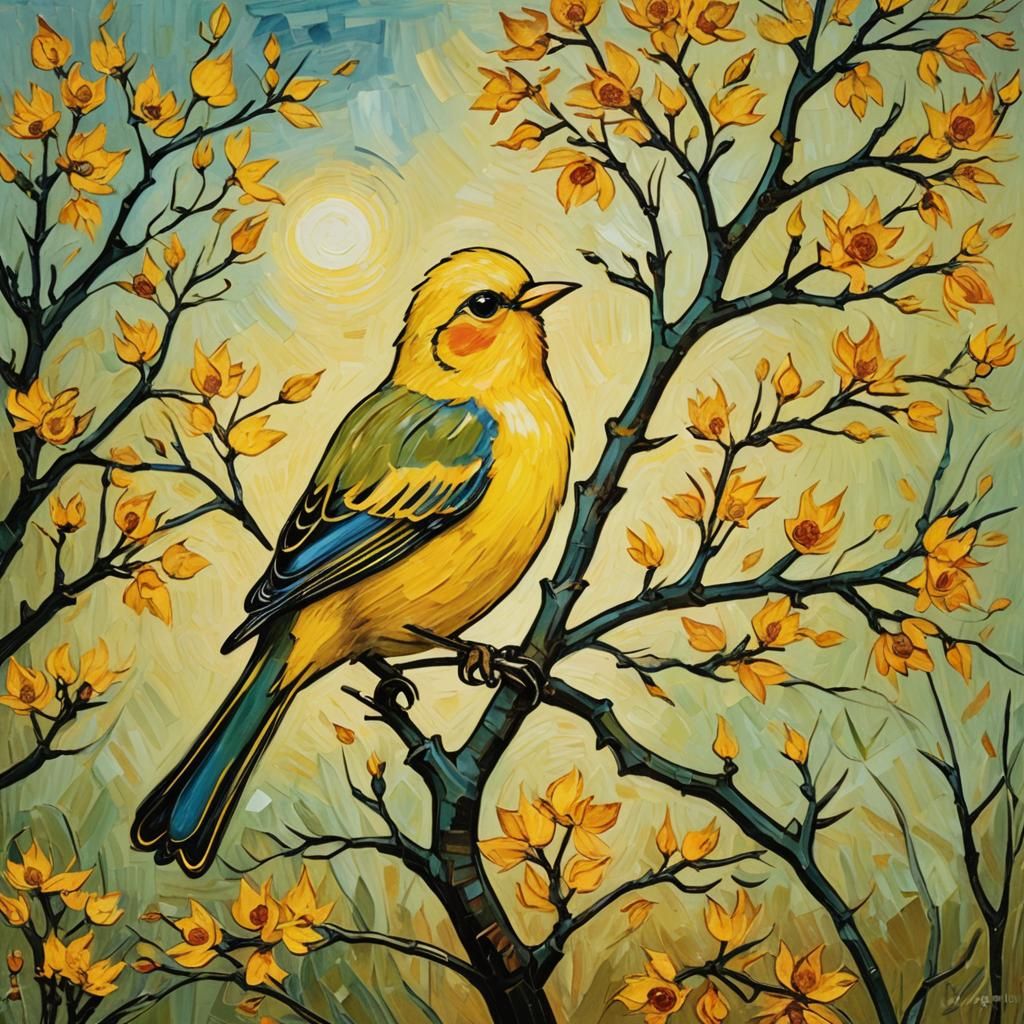 Yellow Bird at Sunset in Van Gogh Style