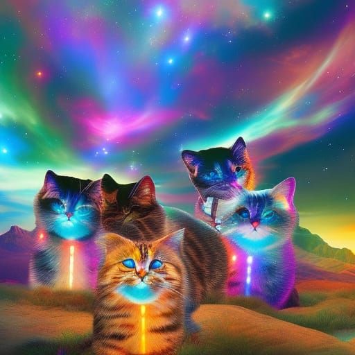 Surreal Cat Land: Holographic Astral Illustration