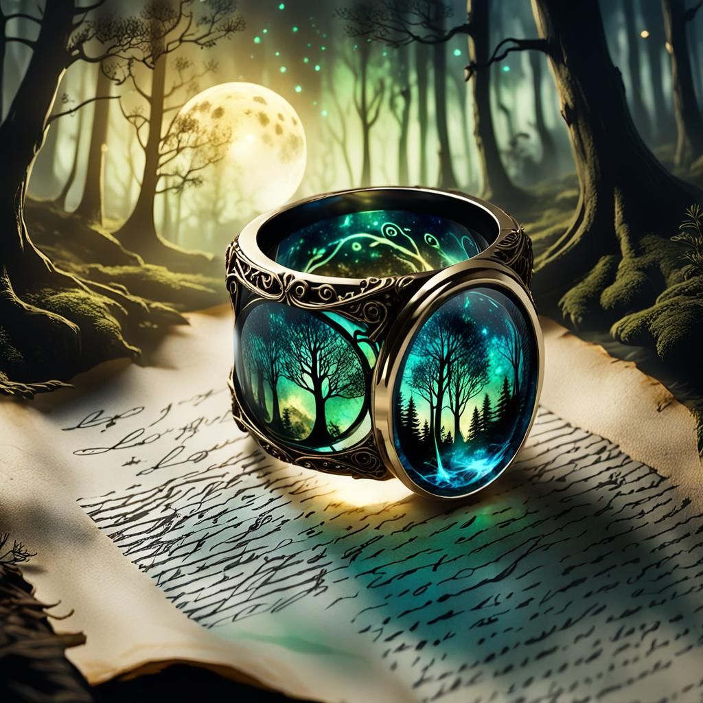 Luminescent Elven Ring on Parchment in Forest