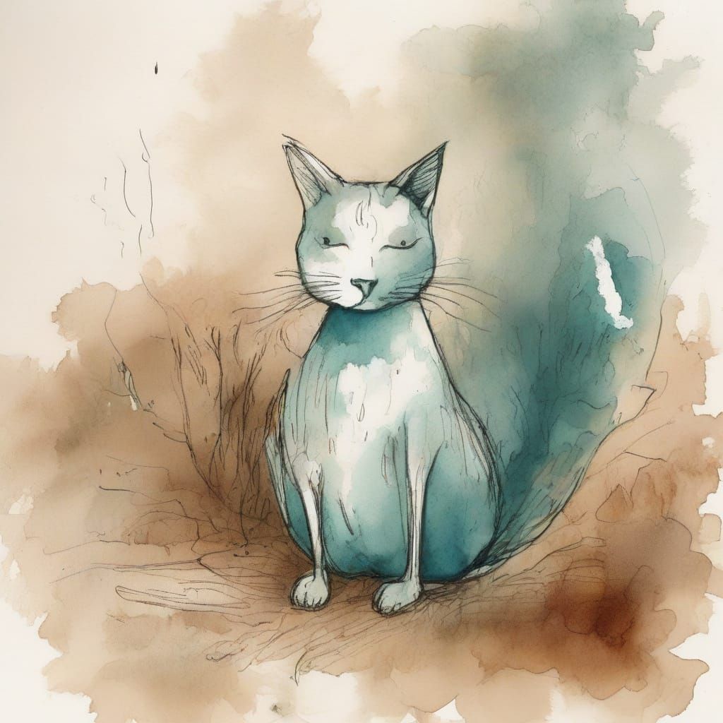 Whimsical Illustration of Girl and Cat on Fence