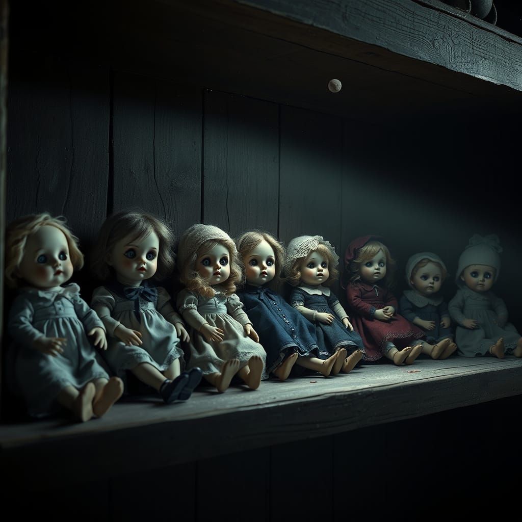 Unsettling Antique Dolls on Attic Shelf in Moonlight