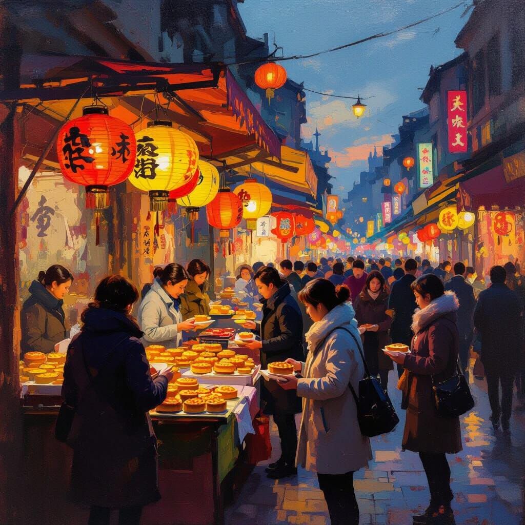 Busy Street Scene: People Buy Moon Cakes at Dusk