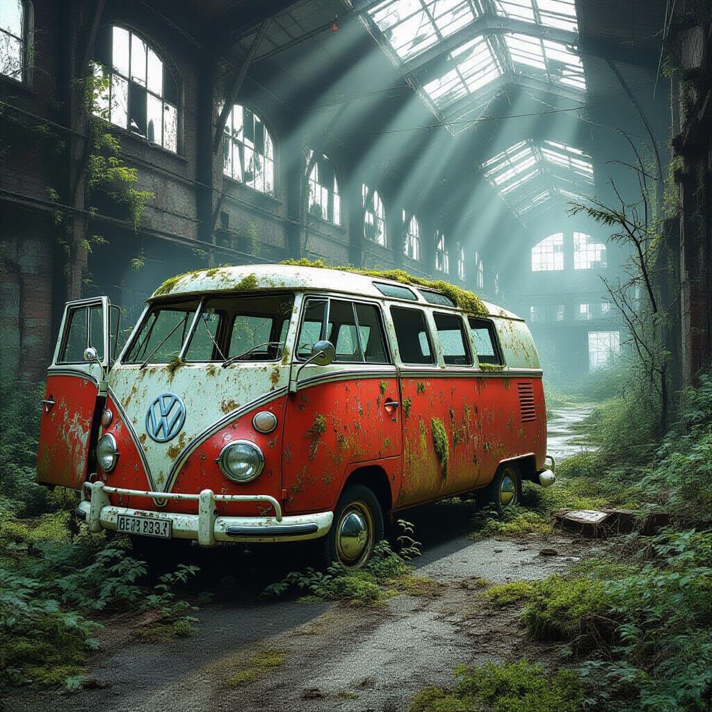Moss Covered VW Bus in Overgrown Field