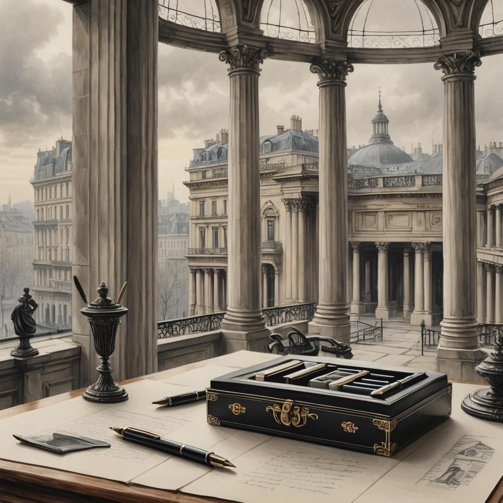 Elegant Charcoal Pen Set in Bleak Paris Library