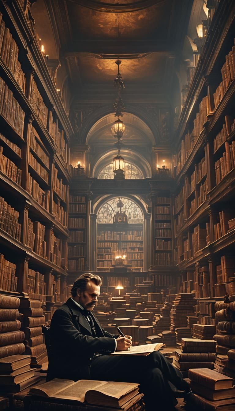 Nietzsche in Ornate Library, Rembrandt Lighting