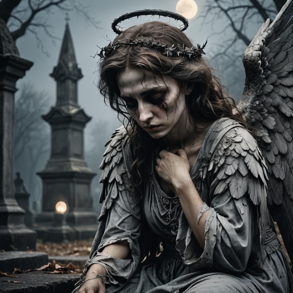 Fallen Angel Grieves in Gothic Cemetery Under Moonlight