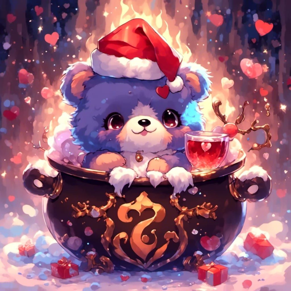 Cute Chibi Bear Cub in Cauldron with Santa Hat