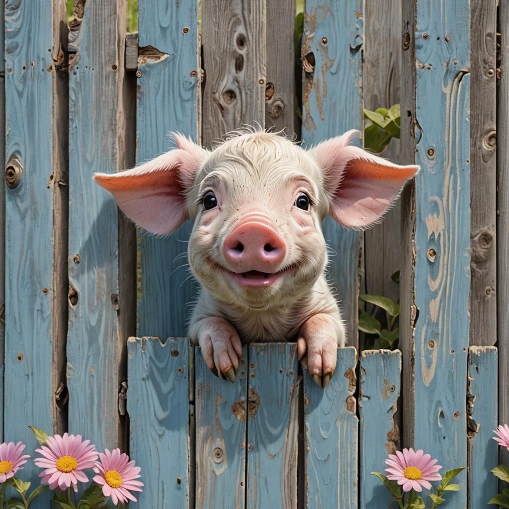 Piglet Peek Through Blue Fence in Rustic Oil Painting