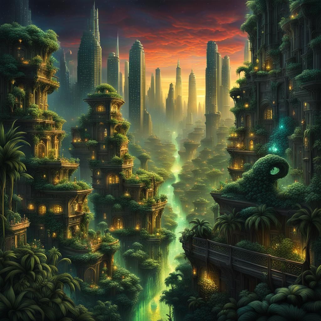 Bioluminescent Cityscape Emerging from Jungle