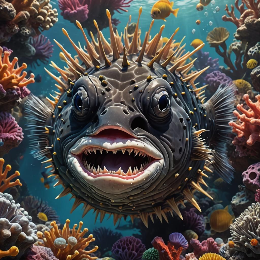 Hyperrealistic Black Puffer Fish with Open Mouth