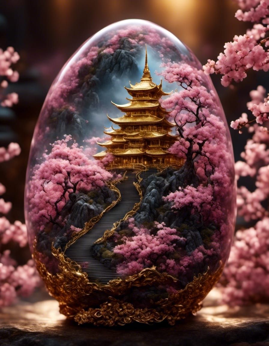 Crystal Egg and Temple with Cherry Blossoms