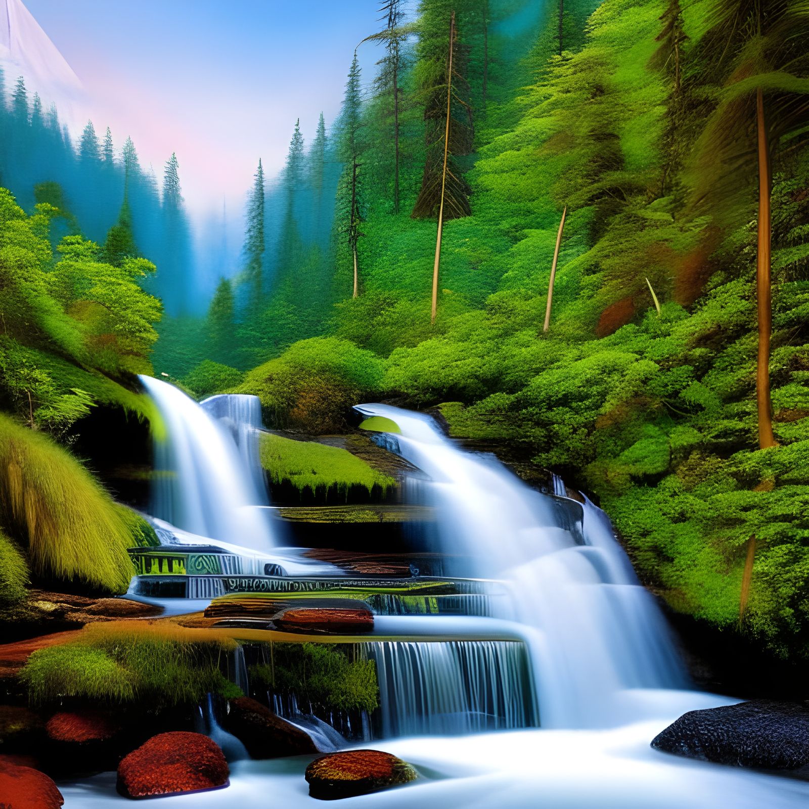 Waterfall in Lush Forest: Digital Pop Art