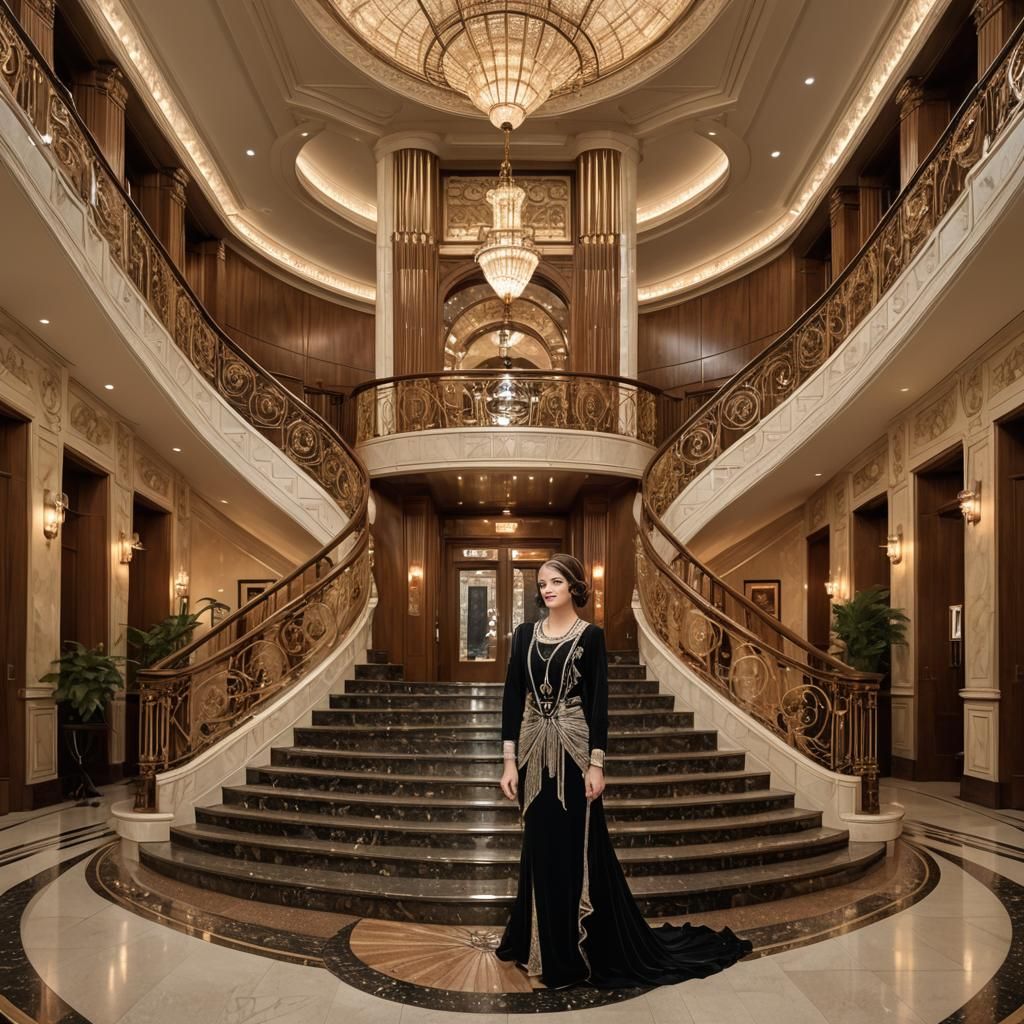 Art Deco Foyer with Sweeping Staircase