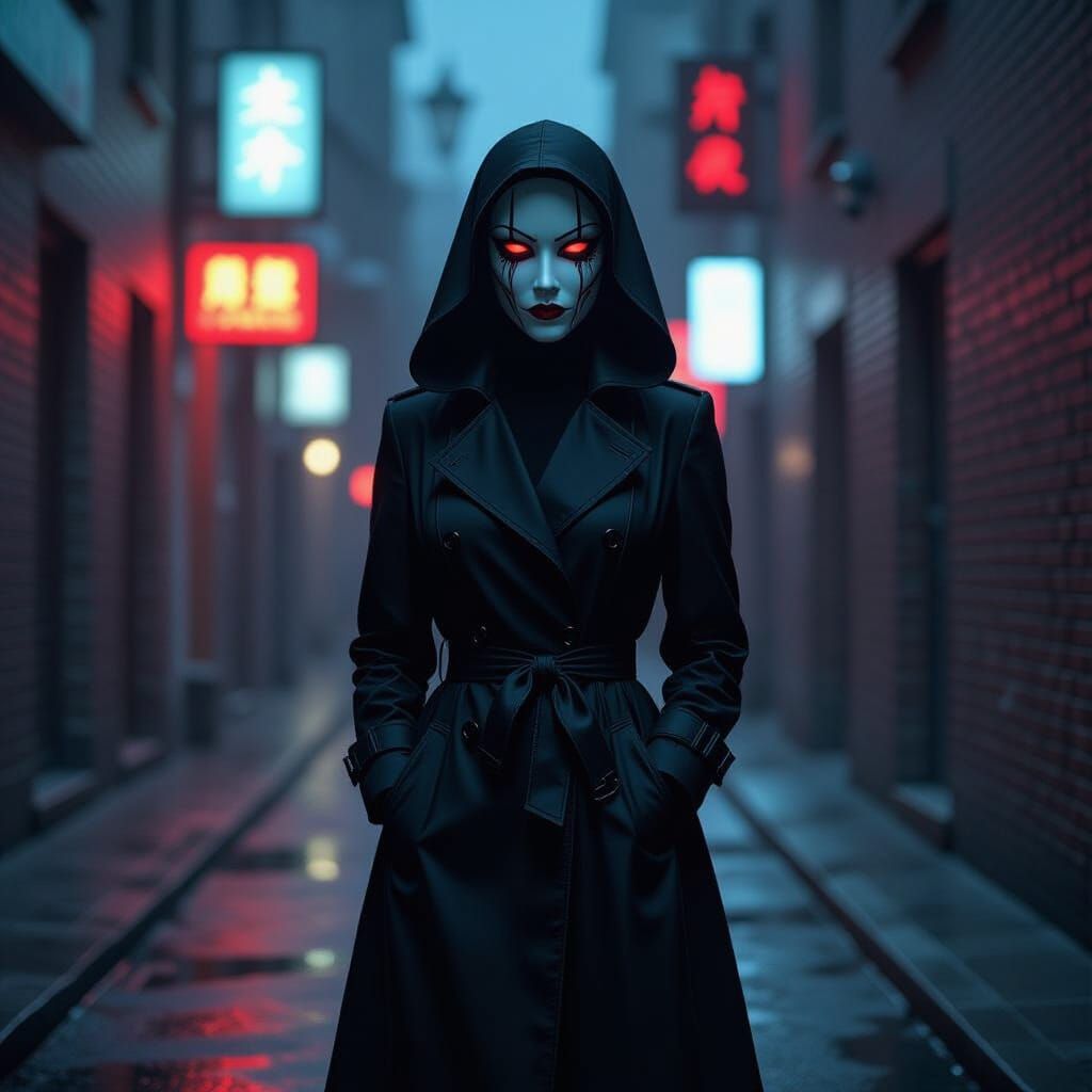 Mysterious Woman in Marionette Mask in Dark Alley
