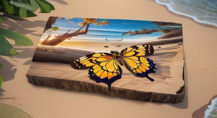 Mosaic Butterfly on Driftwood Beach at Sunrise