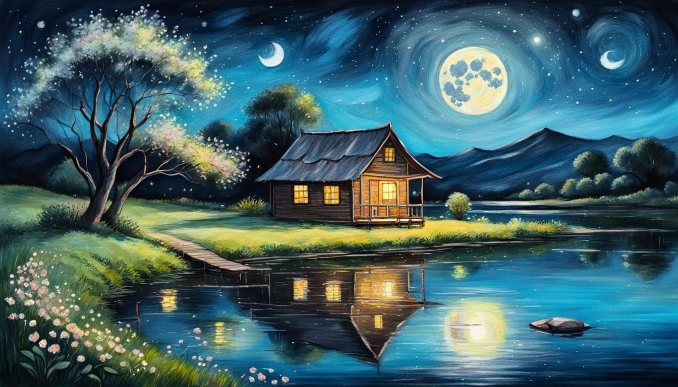 Blooming Acacia at Night in Oil Pastel Watercolor