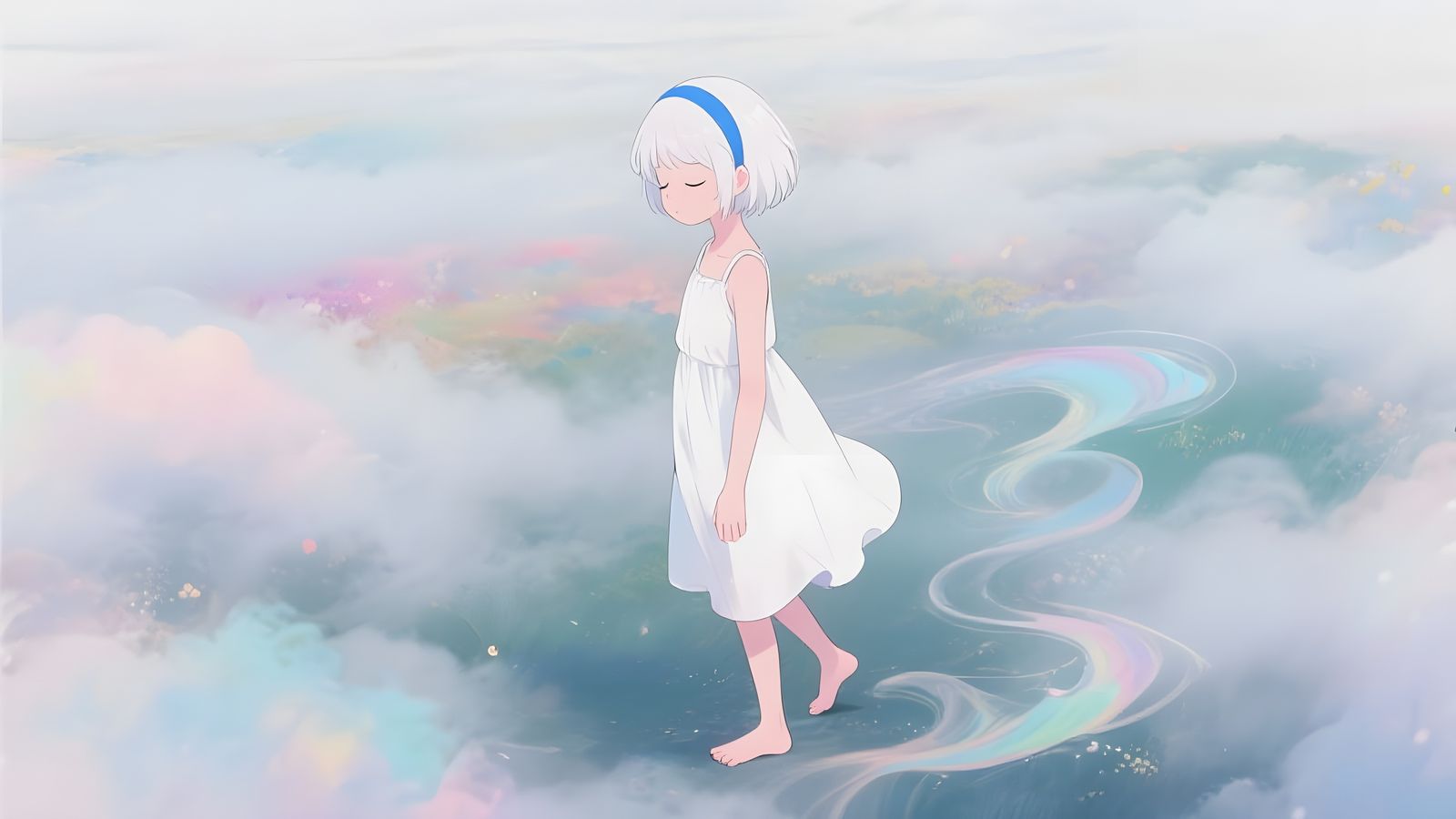 Anime Girl Walking Through Colorful Dream Fog