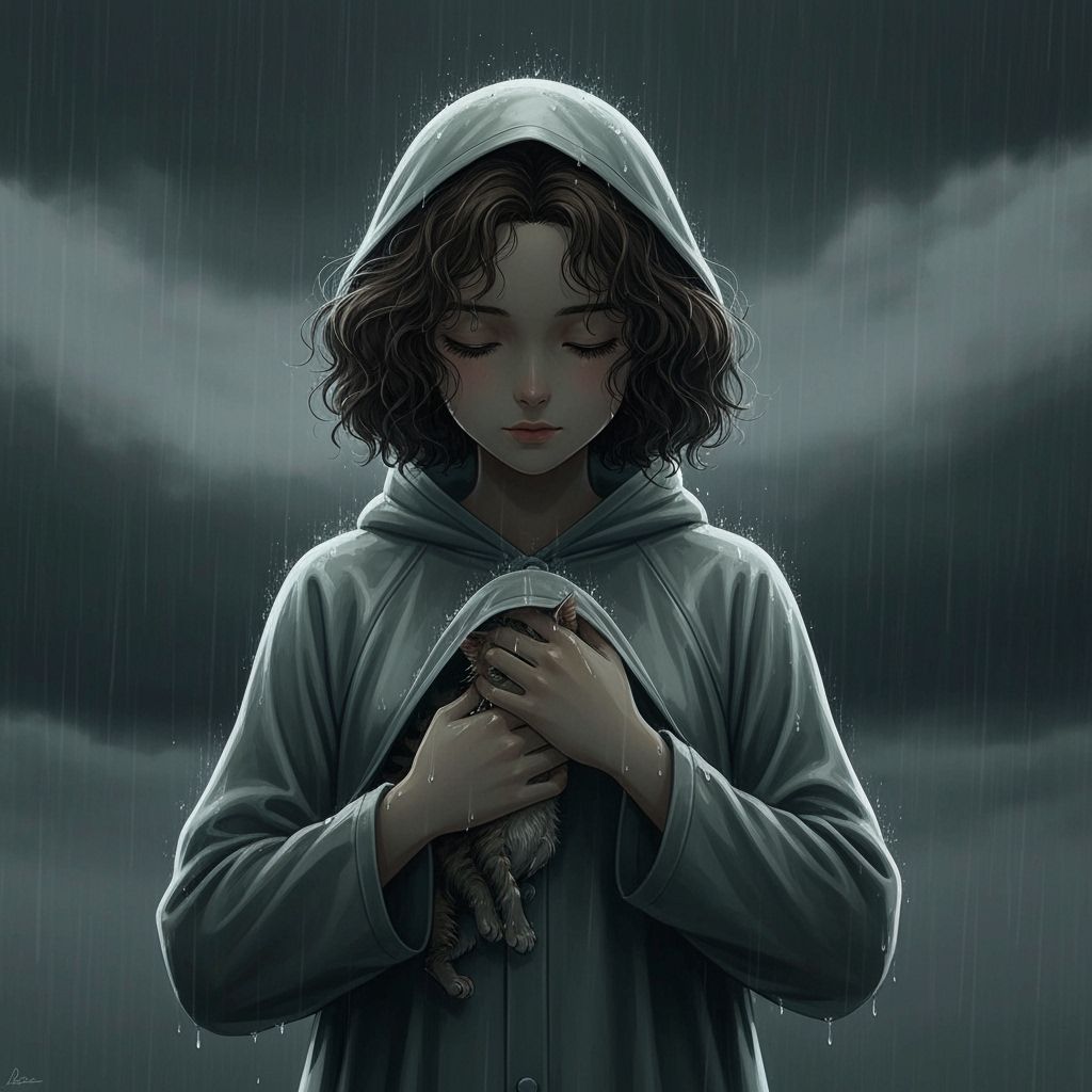 Girl Shelters Kitten in Melancholy Rainy Day Anime Style