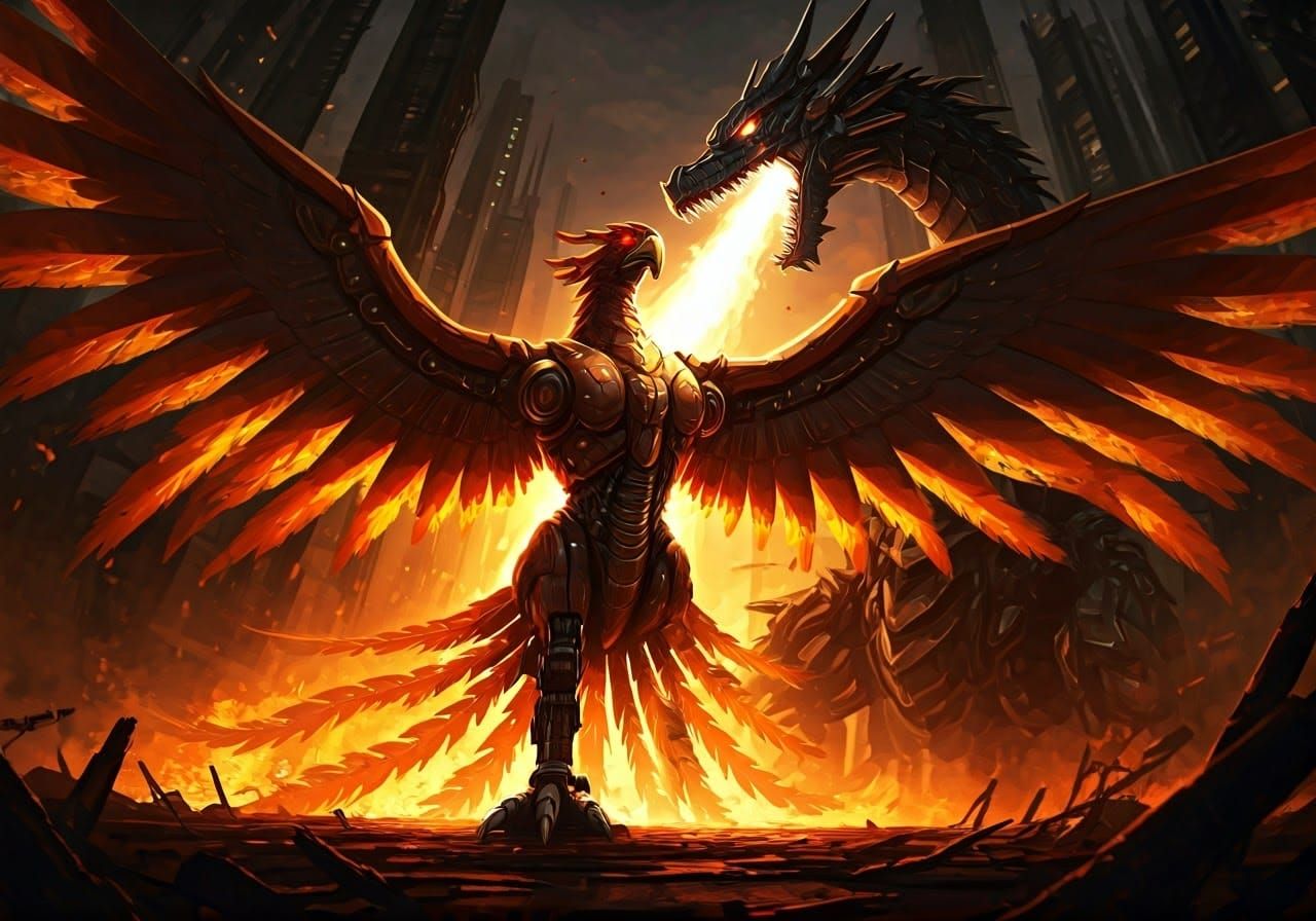 Phoenix Robot Versus Dragon Mecha in Cyberpunk City