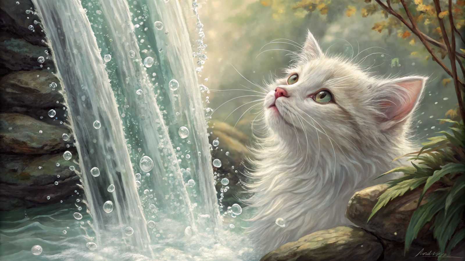 Dreamy Cat Behind Waterfall Curtain in Surreal Style
