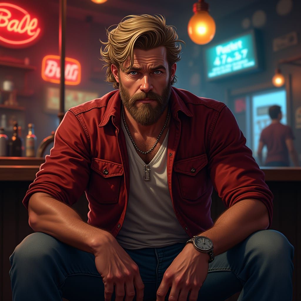 Biker in Bar: Hyperrealistic Portrait with Neon Glow