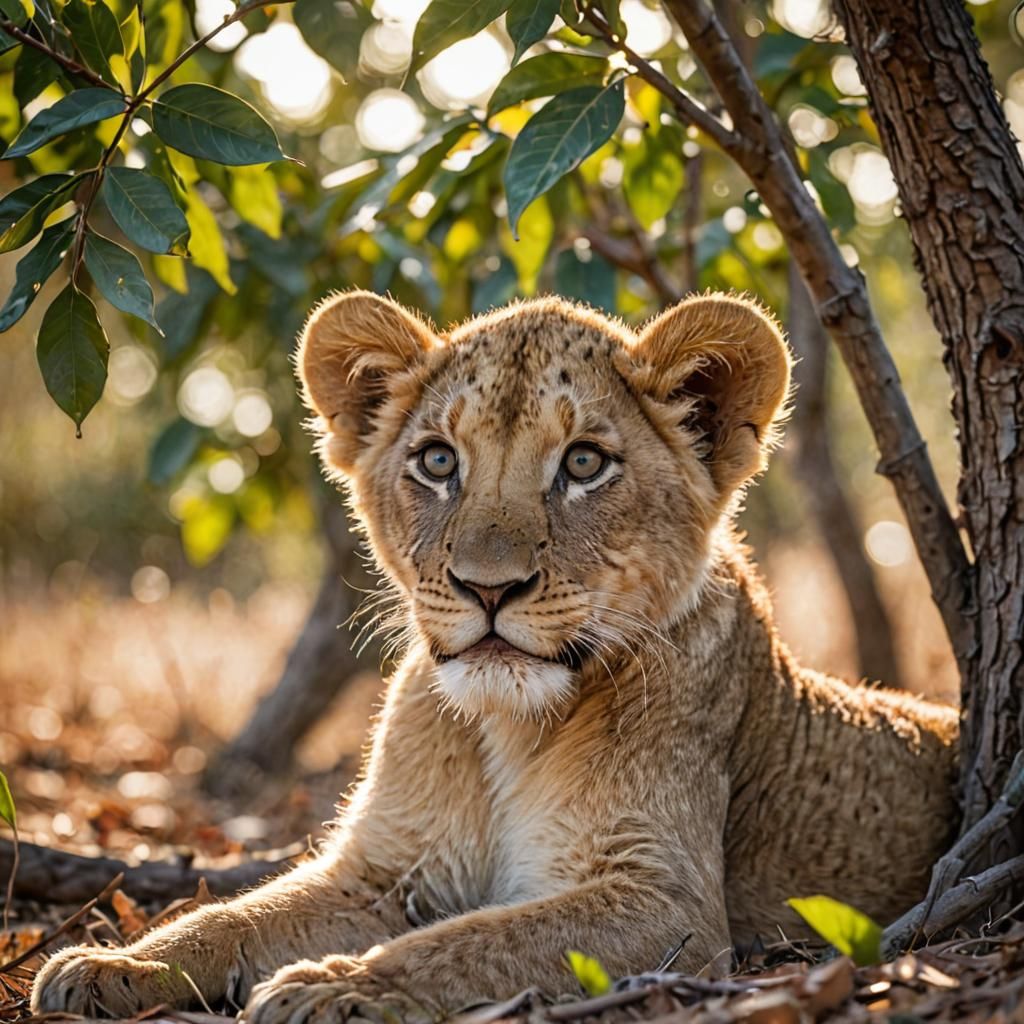 Adorable Lion Cub in Dramatic Natural Light