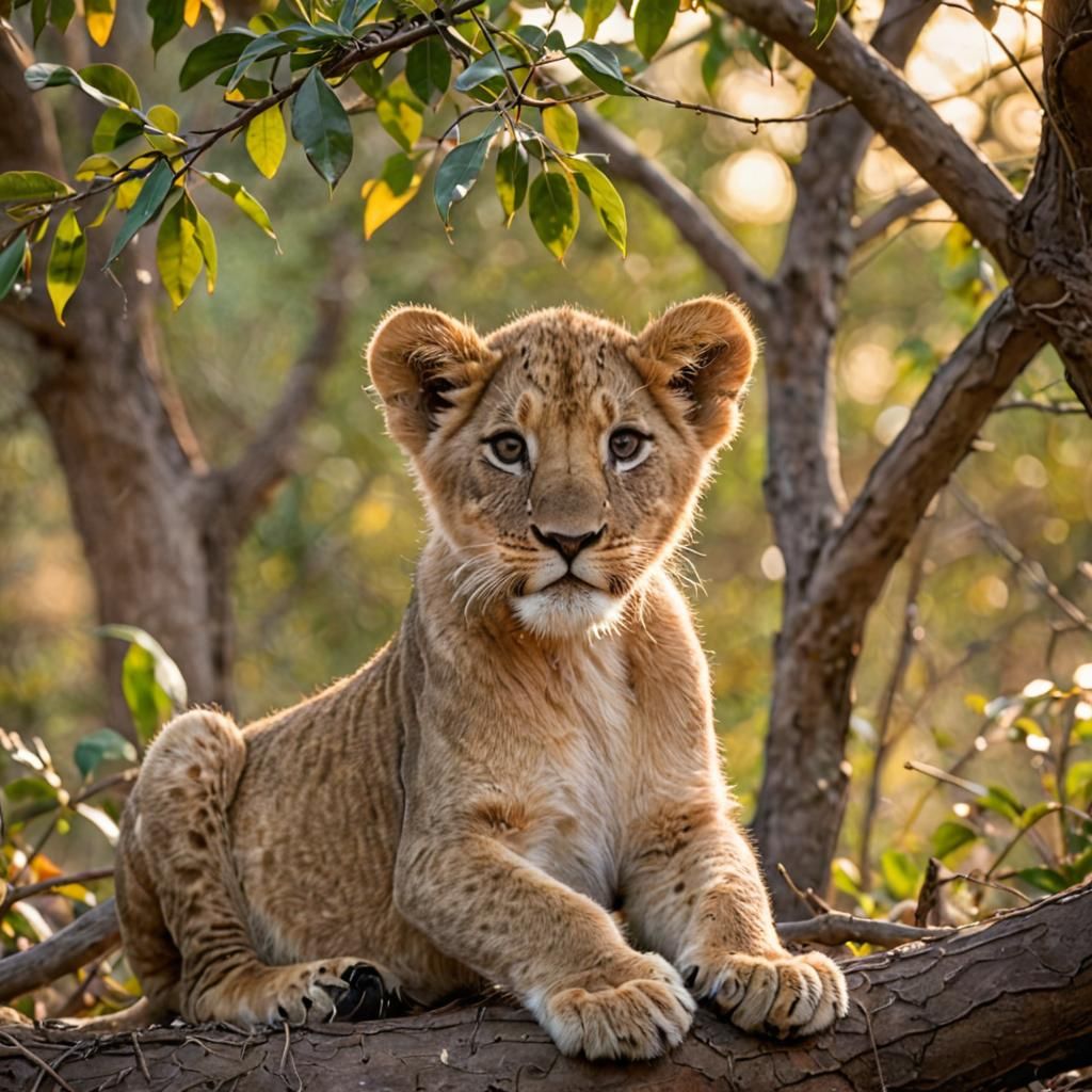 Lion Cub Under Mopane Tree: Wildlife Photography