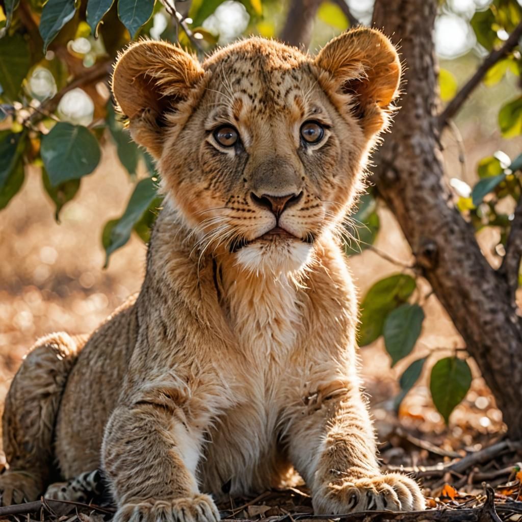 Lion Cub Under Mopane Tree: Wildlife Photography