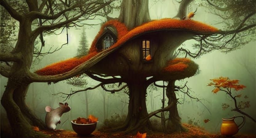 Mouse in Treehouse Amid Autumn Forest, Detailed Art