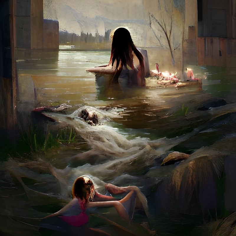 Sinister River Bathing Scene: Greg Rutkowski Style