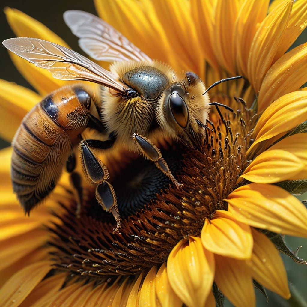 Surreal Wildlife Art of a Honeybee on a Sunflower