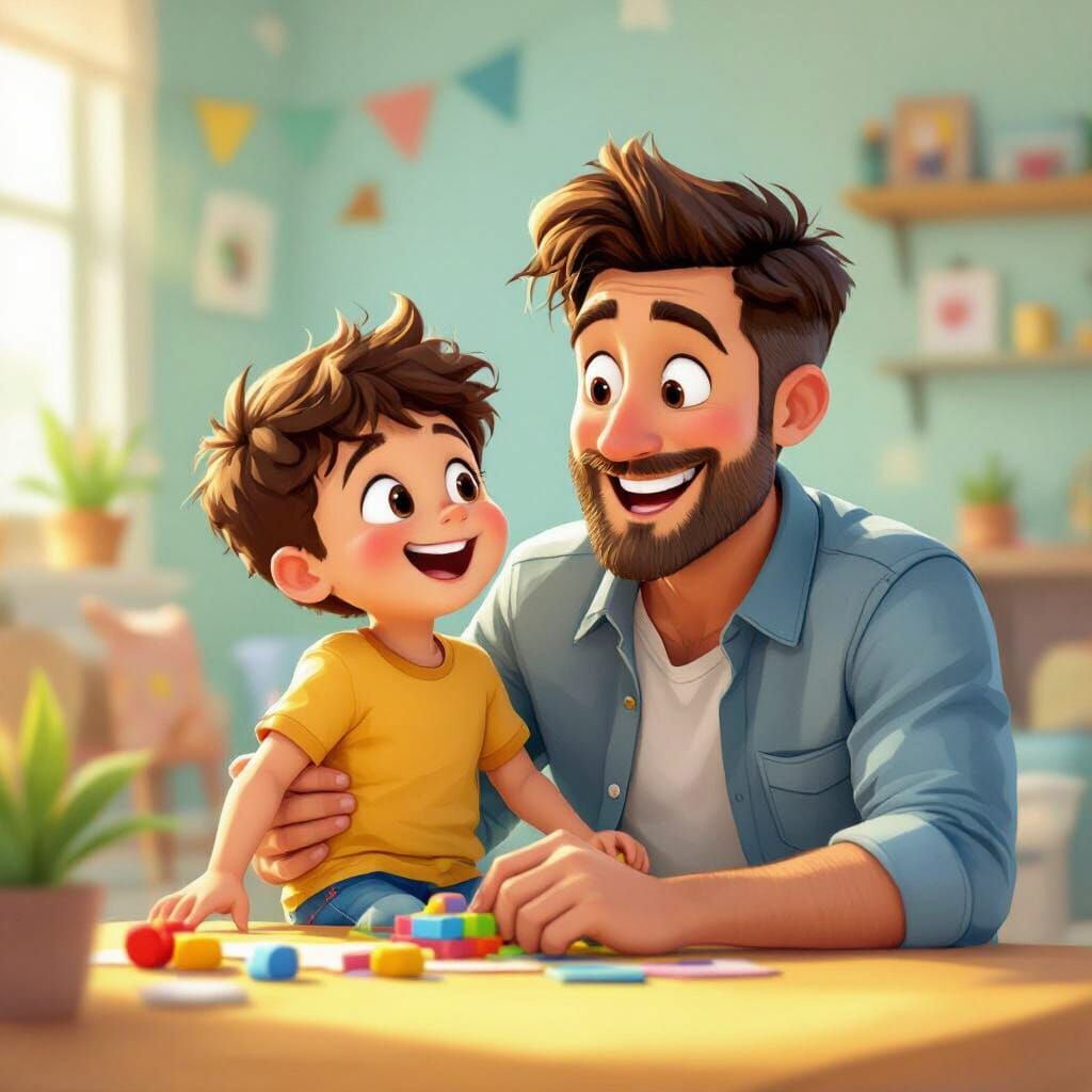 Happy Father and Son in Colorful Cartoon Style