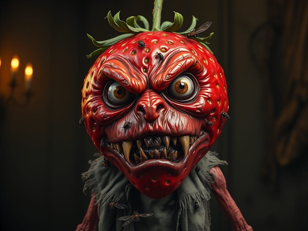 Grotesque Strawberry Creature in Dark Surrealist Landscape