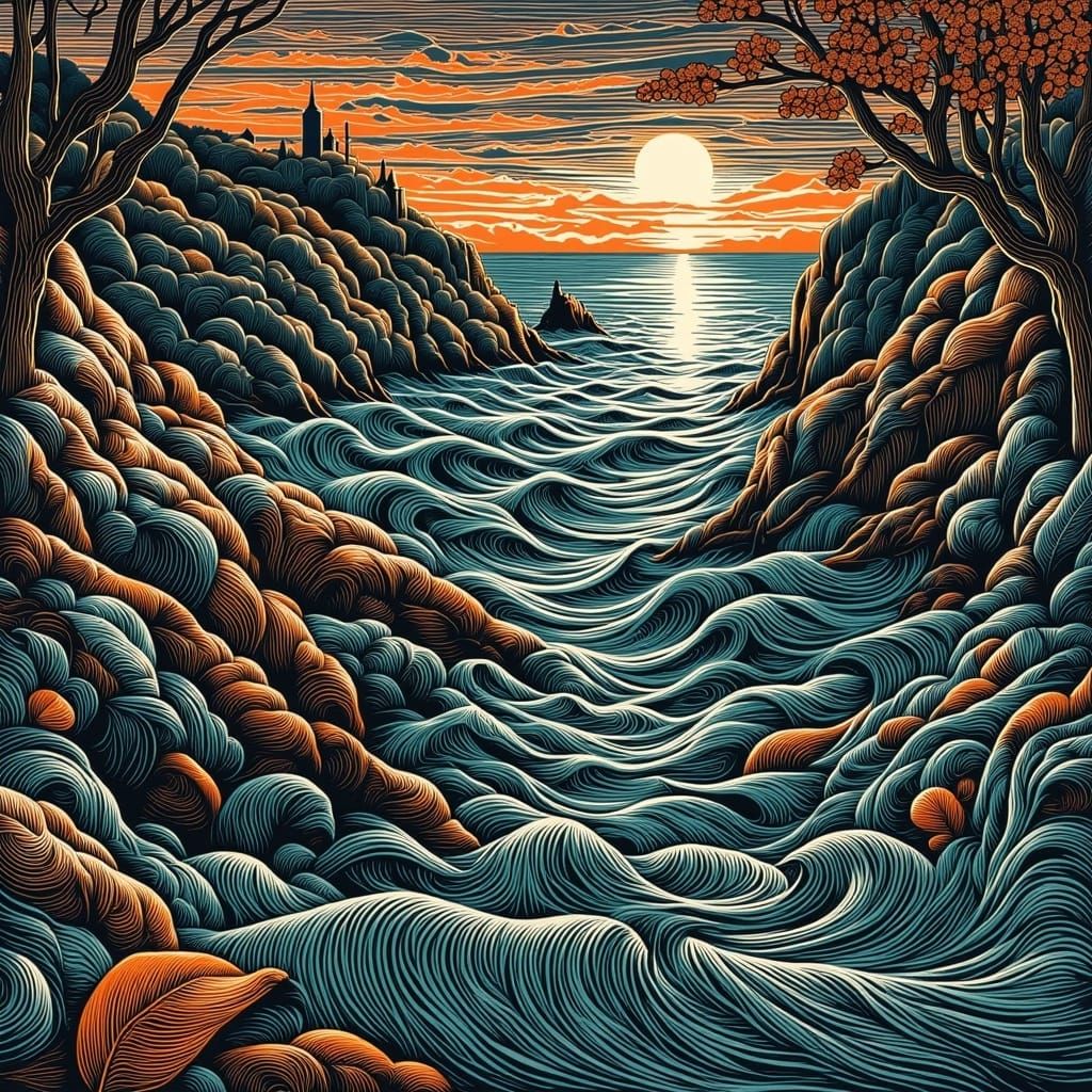 Fantastical Harbour Envisioned in Dreamlike Wood Engraving S...