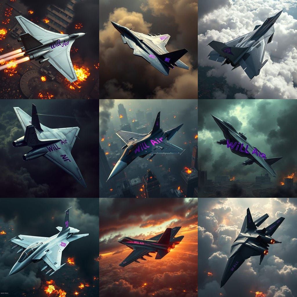 Fighter Jet in Warzone with Bold Purple Lettering