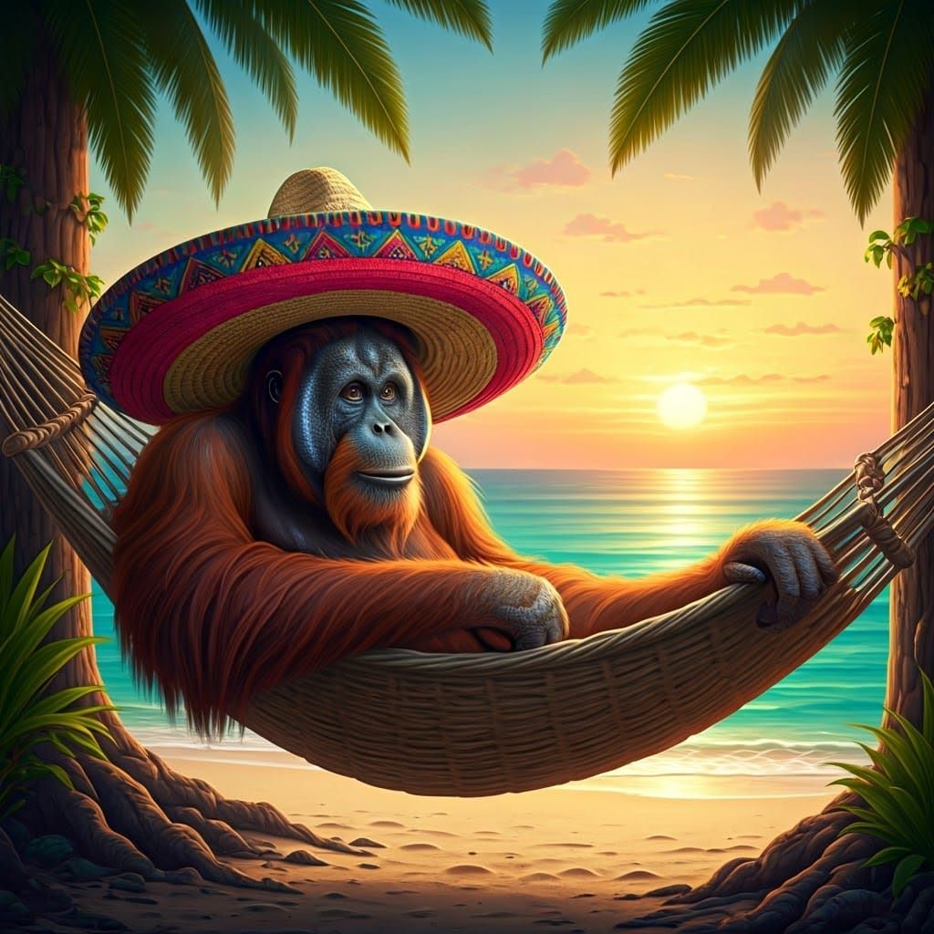 Orangutan in Sombrero on Tropical Beach