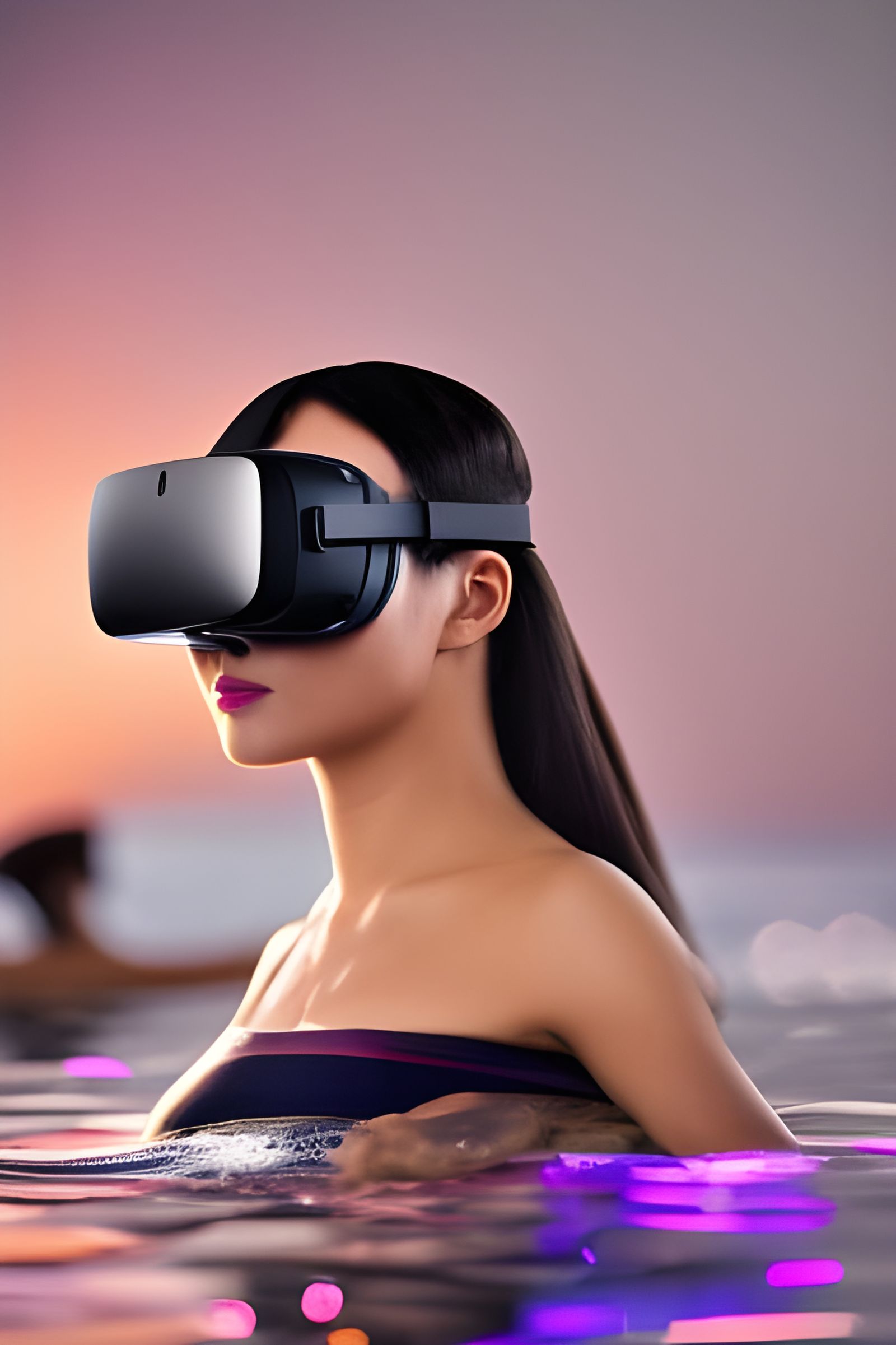 Young woman with VR headset floating in water. Professional photography, bokeh, natural lighting, canon lens, shot on ds...