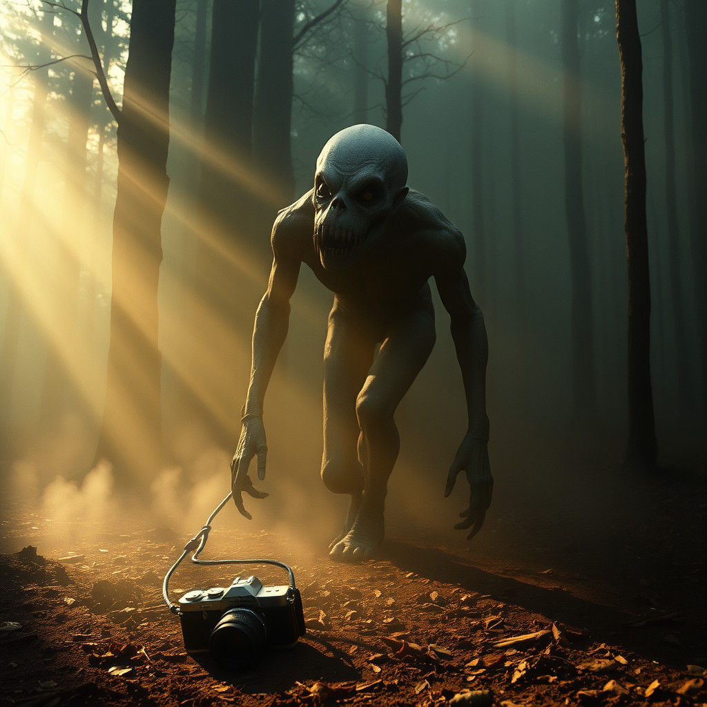 Eerie Horror Character in Misty Forest, Hyperrealistic Photo