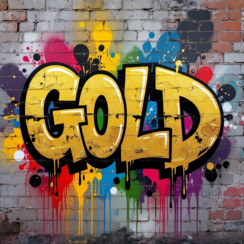 Vibrant Gold Graffiti Art with Melting Textures
