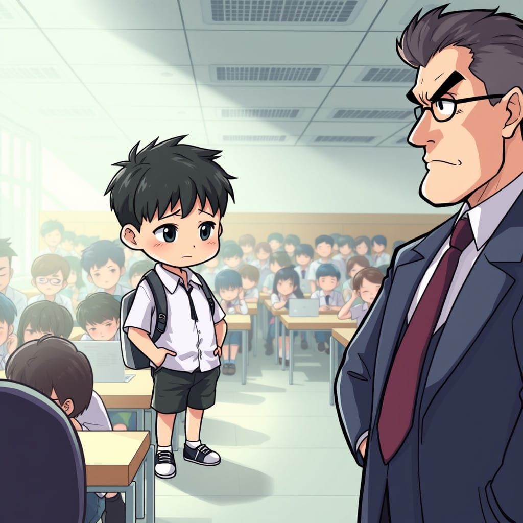 Chibi Professor Confronts Students in a Bustling Classroom