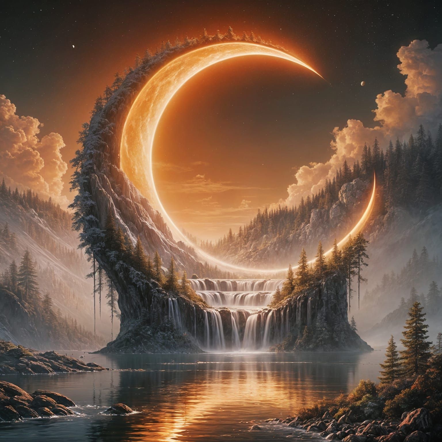 Luminous Crescent Moon Radiates Amber Glow in Mystical Lands...