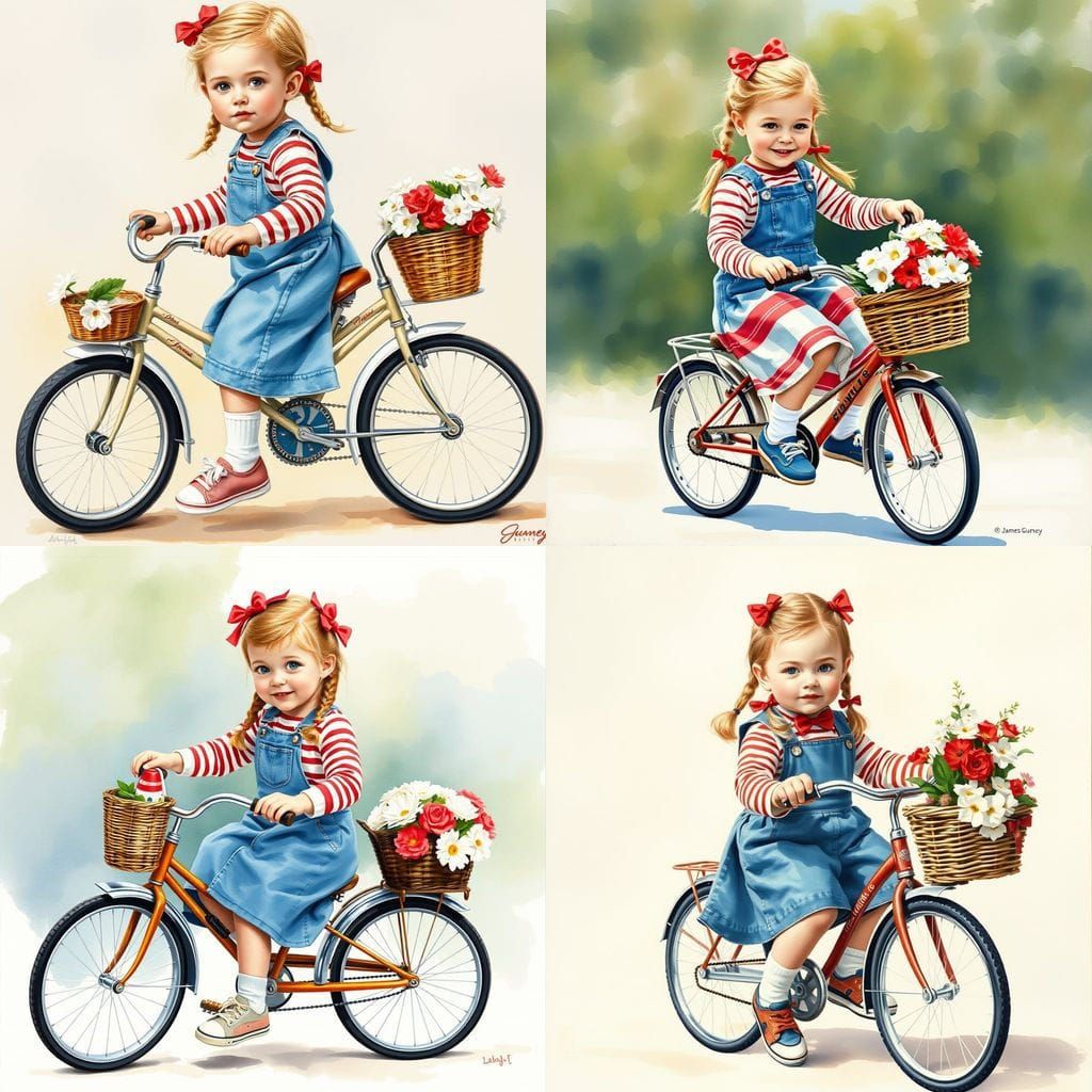 Watercolor Portrait of a 3-Year-Old Girl Riding a Vintage Tr...