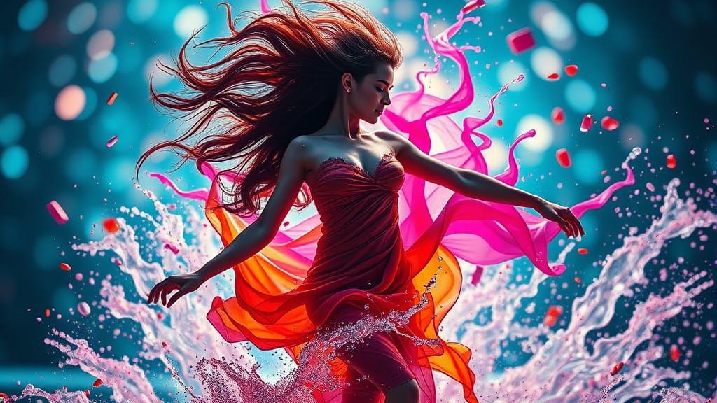 Abstract Woman Dancing in Liquid Forms with Water Bokeh
