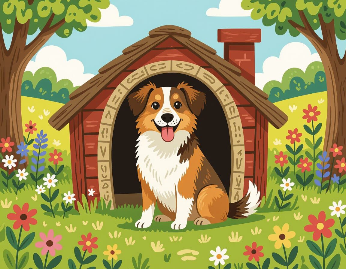 Playful Dog and Cozy Doghouse in Whimsical Style