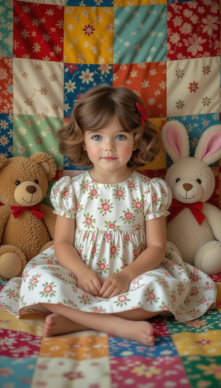 Girl with Toys on Patchwork Quilt in Digital Art Style