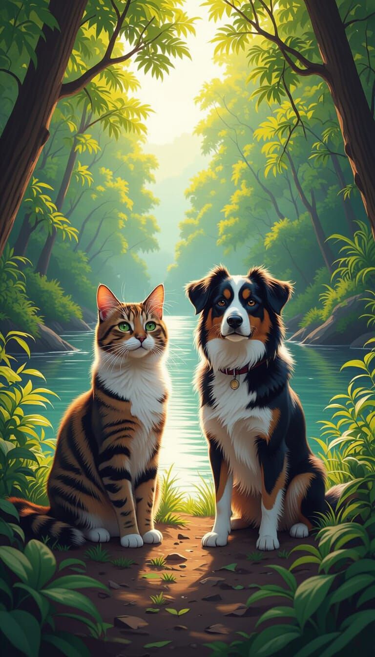 Cat and Dog Together in Hyperrealistic Splash Art