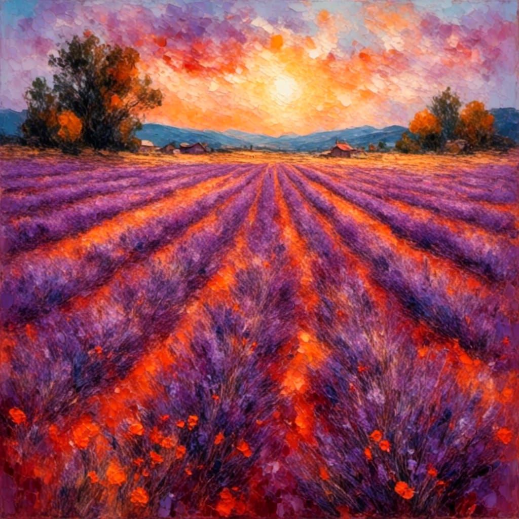 Lavender Field at Sunset: Impressionist Landscape