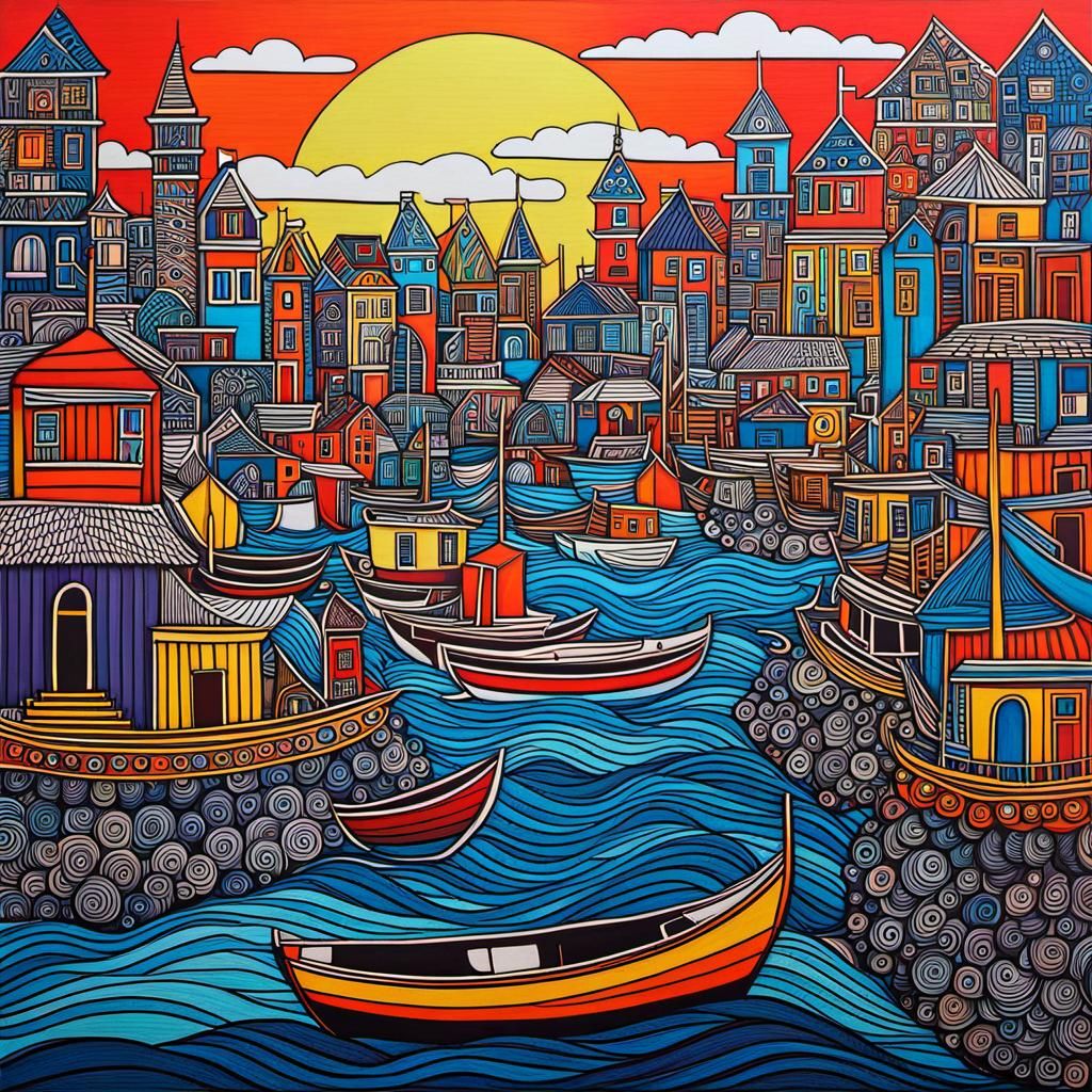 Abstract Harbor Scene in Modernist Style