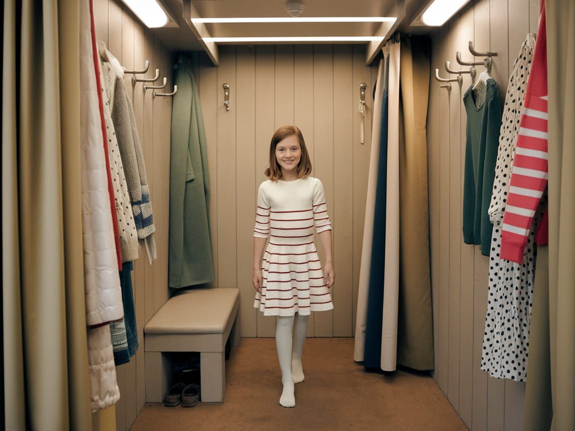 Young Girl Smiles in Fitting Room with Striped Dress