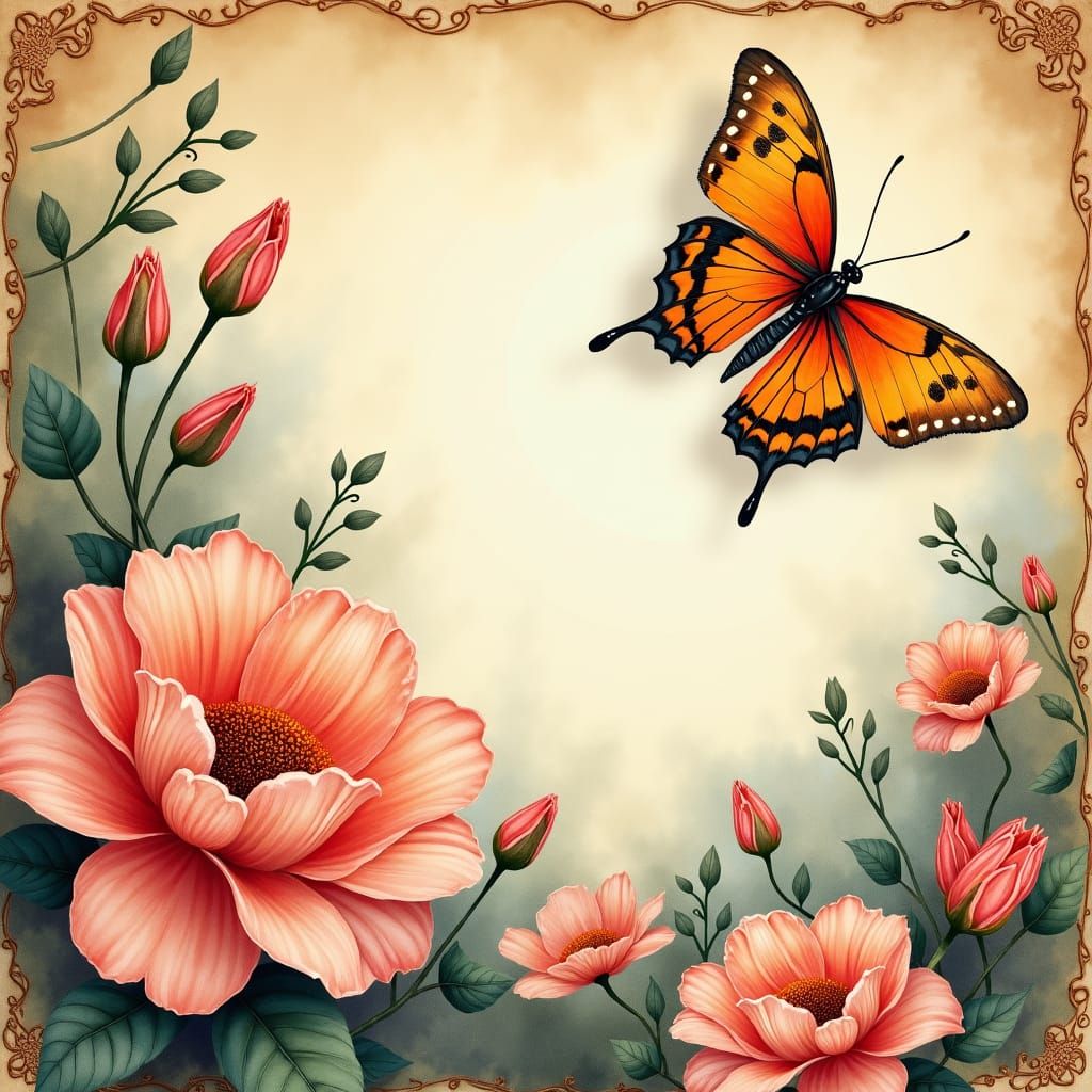 Vintage Journal Page with Colorful Flowers and Butterfly